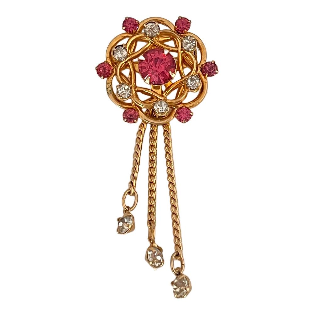 Vintage 1950s Pink Rhinestone Brooch Gold Tone Dangle Mid Century - 1K